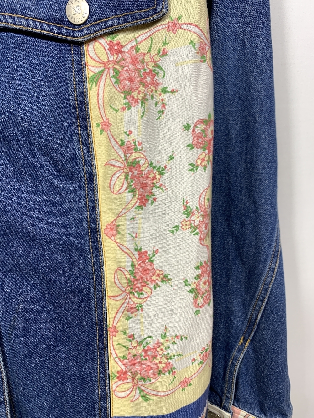 Susan Bristol Blue Denim Jacket with Pastel Floral Bow Patchwork Trim - Picture 8 of 13